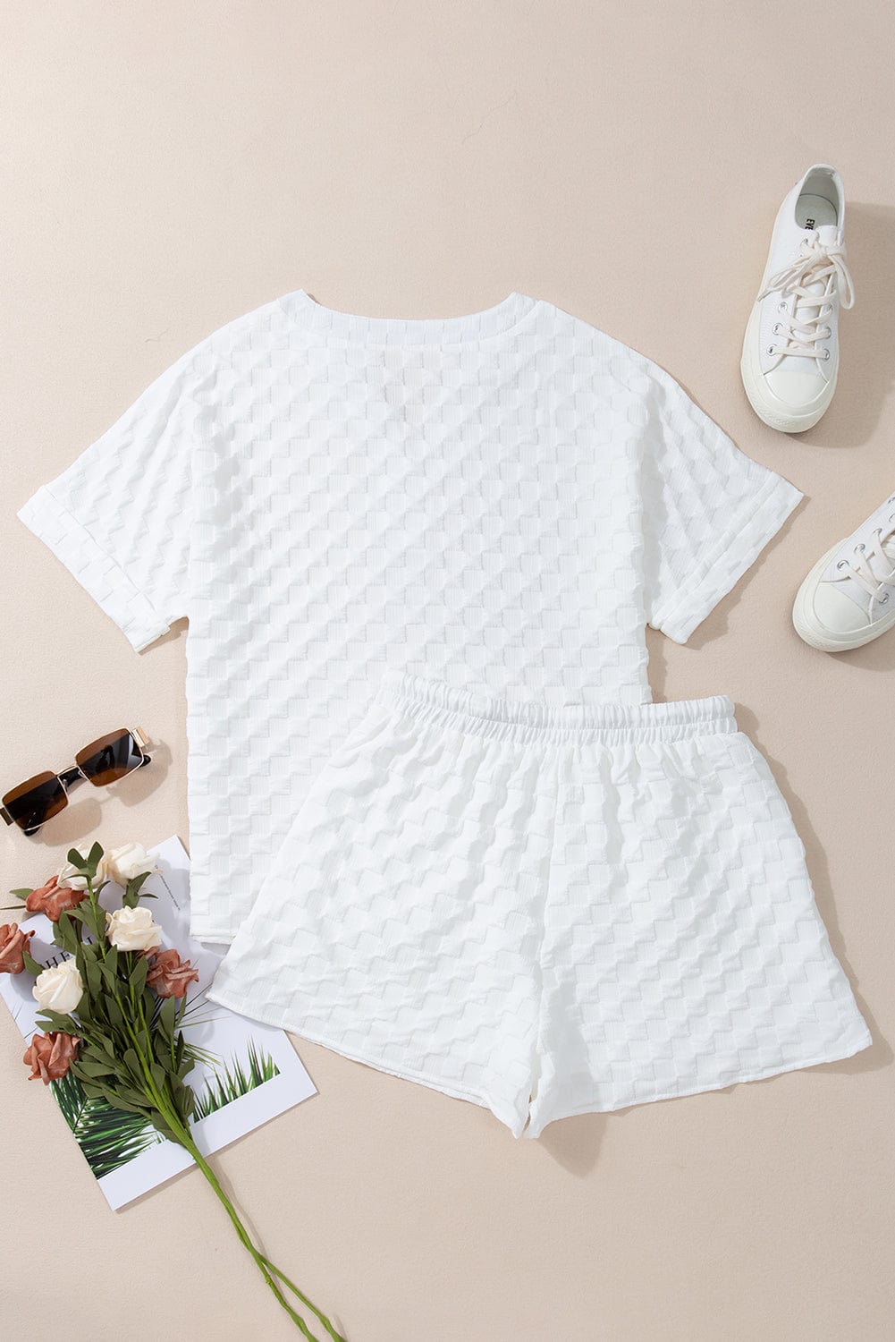 Chic White Textured V-Neck Top and Drawstring Shorts Ensemble