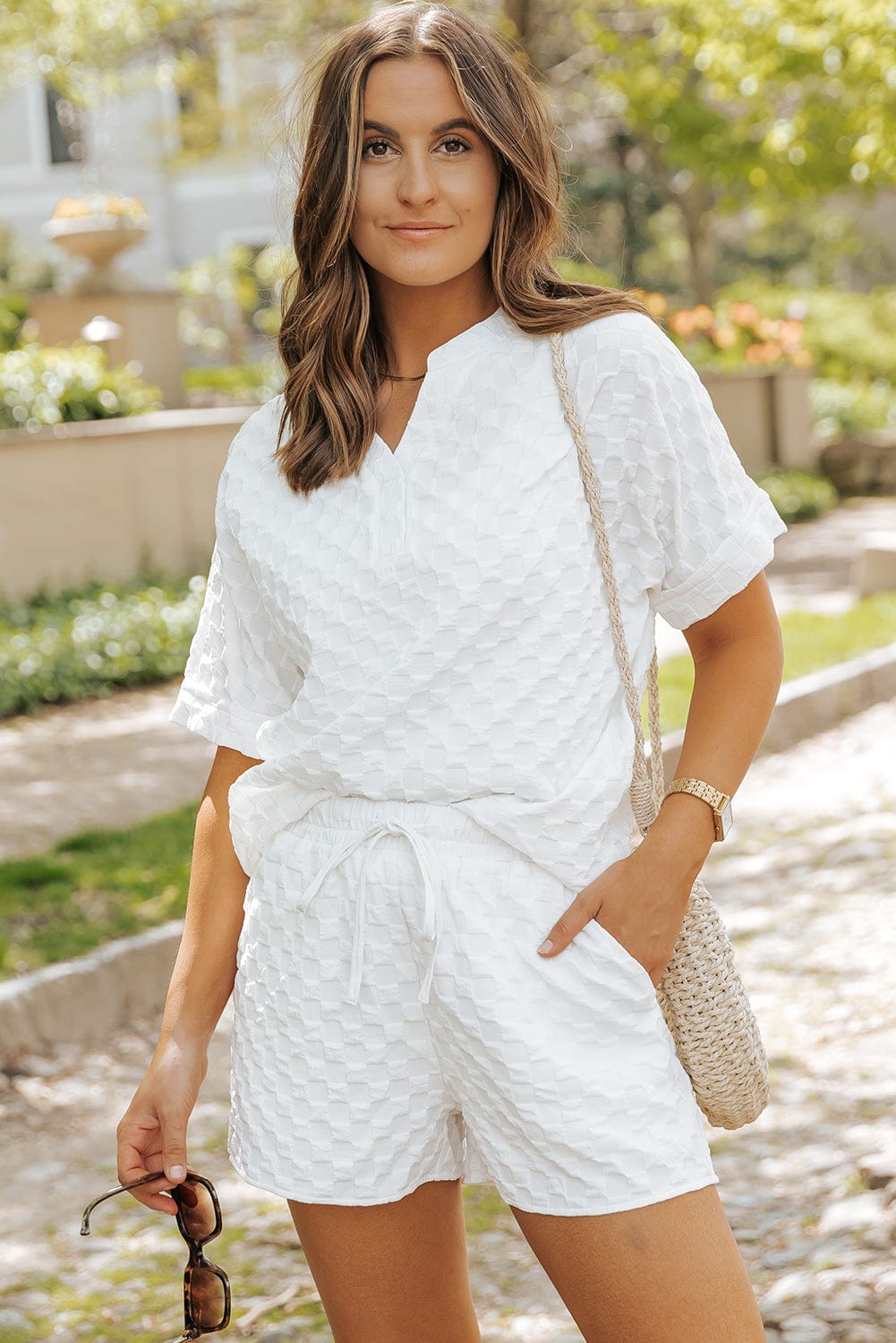 Chic White Textured V-Neck Top and Drawstring Shorts Ensemble