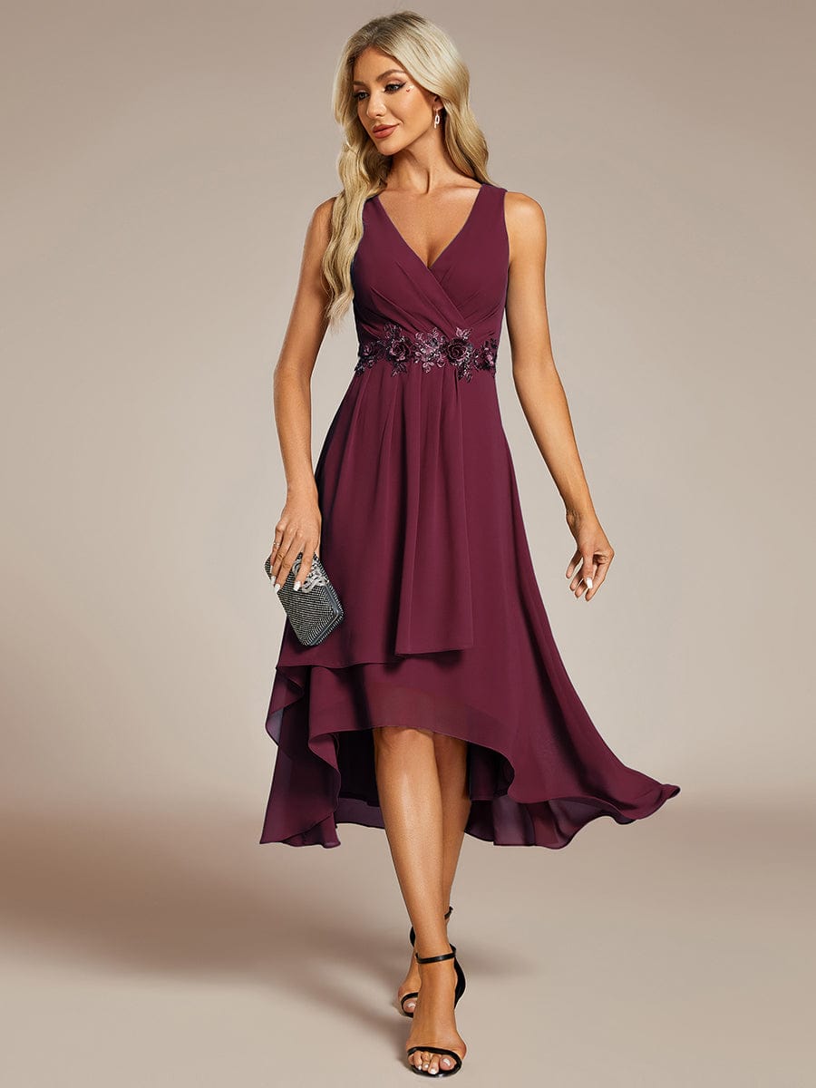 Chiffon Appliques V Neck Tea Length Sleeveless Wholesale Wedding Guest Dress