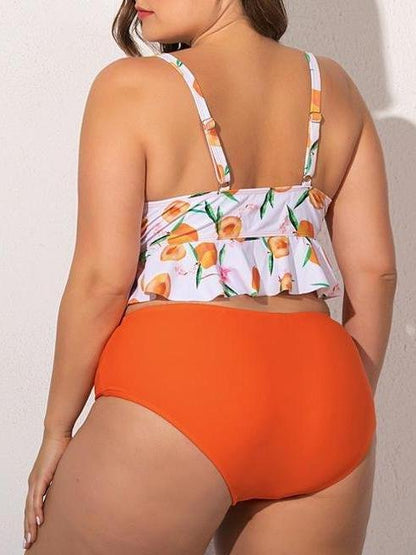 Chiffon Plus Size Printed Ruffled High Waist Swimsuit - LuckyFash™