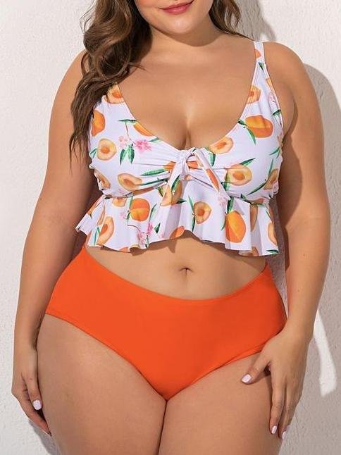 Chiffon Plus Size Printed Ruffled High Waist Swimsuit - LuckyFash™