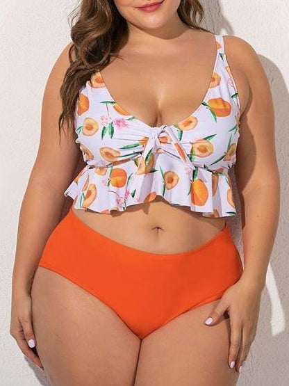 Chiffon Plus Size Printed Ruffled High Waist Swimsuit - LuckyFash™