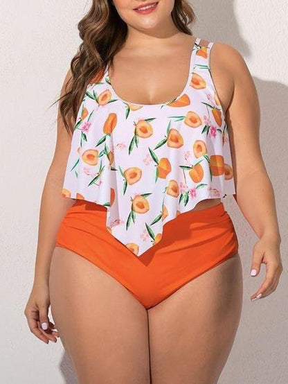 Chiffon Plus Size Printed Ruffled High Waist Swimsuit - LuckyFash™