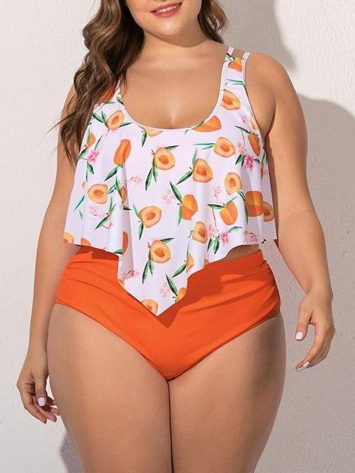 Chiffon Plus Size Printed Ruffled High Waist Swimsuit - LuckyFash™