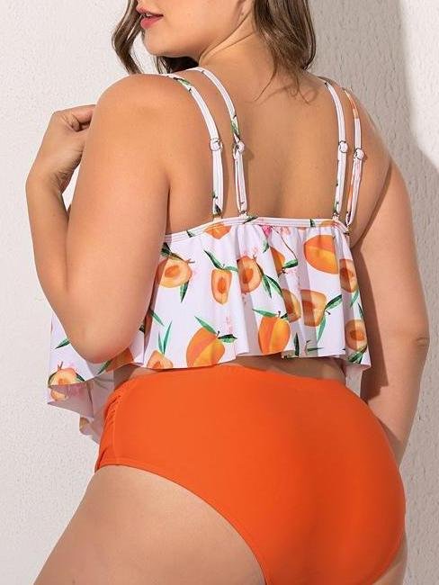 Chiffon Plus Size Printed Ruffled High Waist Swimsuit - LuckyFash™