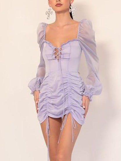 Chiffon Puff Sleeve Drawstring Pleated Folds Mini Dress - LuckyFash™