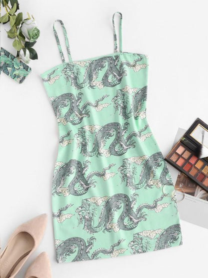 Chinoiserie Dragon Print Bodycon Cami Dress - LuckyFash™