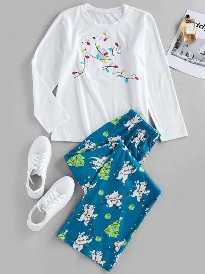 Christmas Tree Bear Light Print Lounge Pants Set for Women