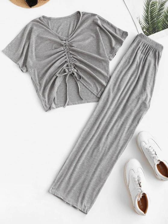 Cinched Ribbed Wide Leg Two Piece Pants Set - LuckyFash™