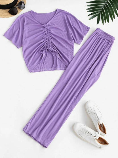 Cinched Ribbed Wide Leg Two Piece Pants Set - LuckyFash™