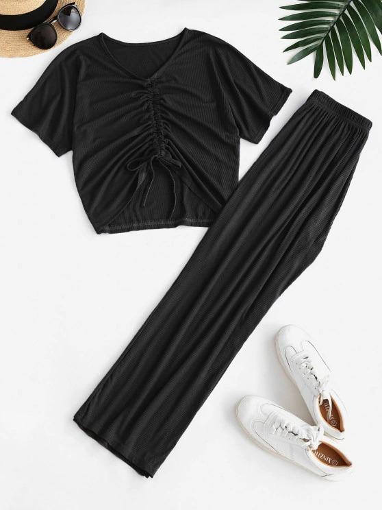 Cinched Ribbed Wide Leg Two Piece Pants Set for Women