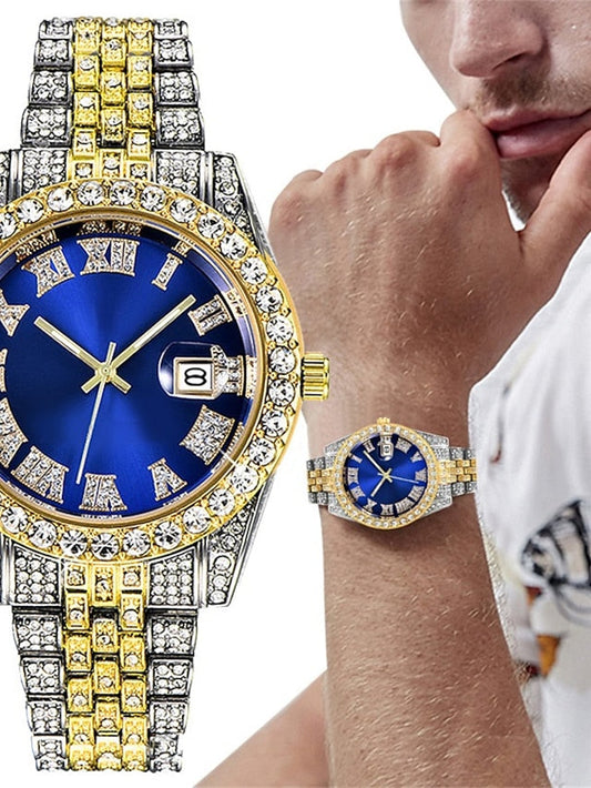 Men's Quartz Watch with Chain Bracelet Set Fashion Luxury Bling Diamond Hiphop Analog Men Quartz Wristwatch Calendar Waterproof Men's Watch - LuckyFash™