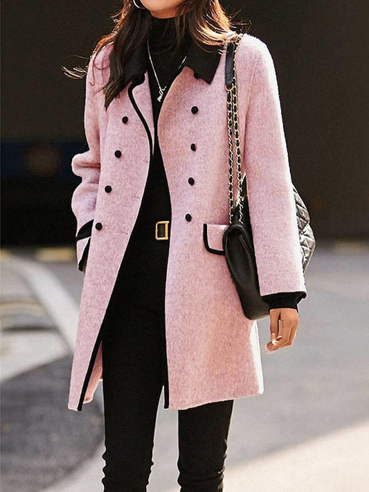 Women's Coat Warm Breathable Valentine's Day Street Daily Wear Weekend Button Pocket Double Breasted Lapel Fashion Daily Modern Solid Color Regular Fit Outerwear Long Sleeve Fall Winter Pink Khaki