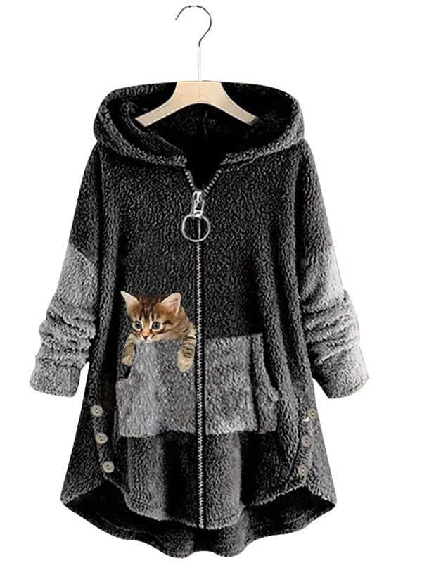MsDressly Coats Cute Hooded Zipper Cat Printed Coat COA2301110006DGRYS