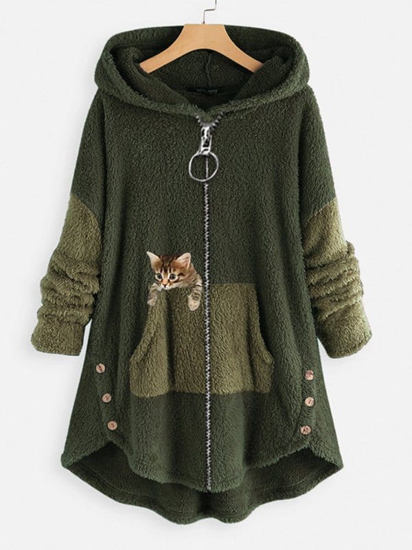 MsDressly Coats Cute Hooded Zipper Cat Printed Coat COA2301110006GRES