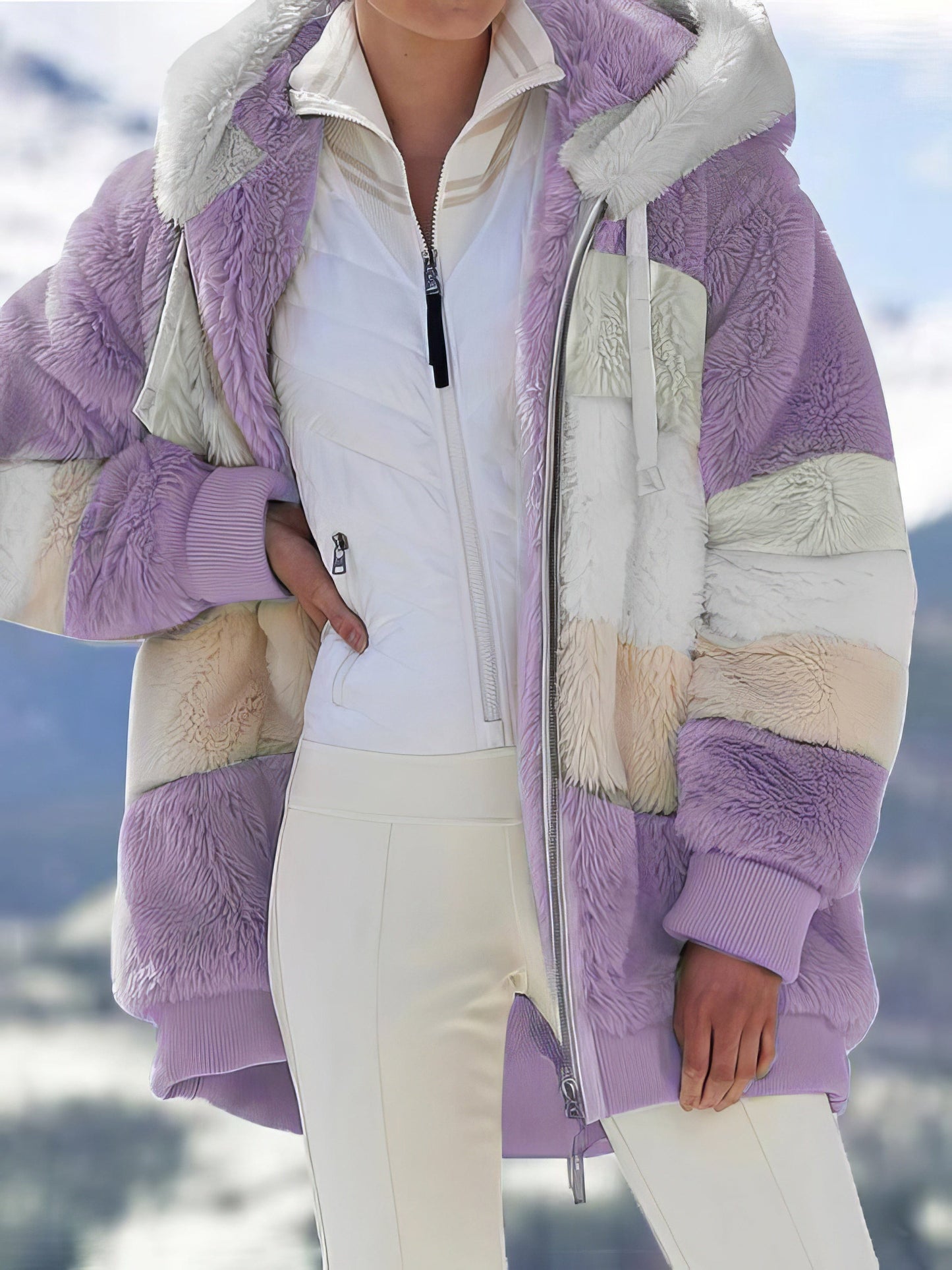 MsDressly Coats Plush Multicolor Hooded Zipper Coat COA2109141146PURS