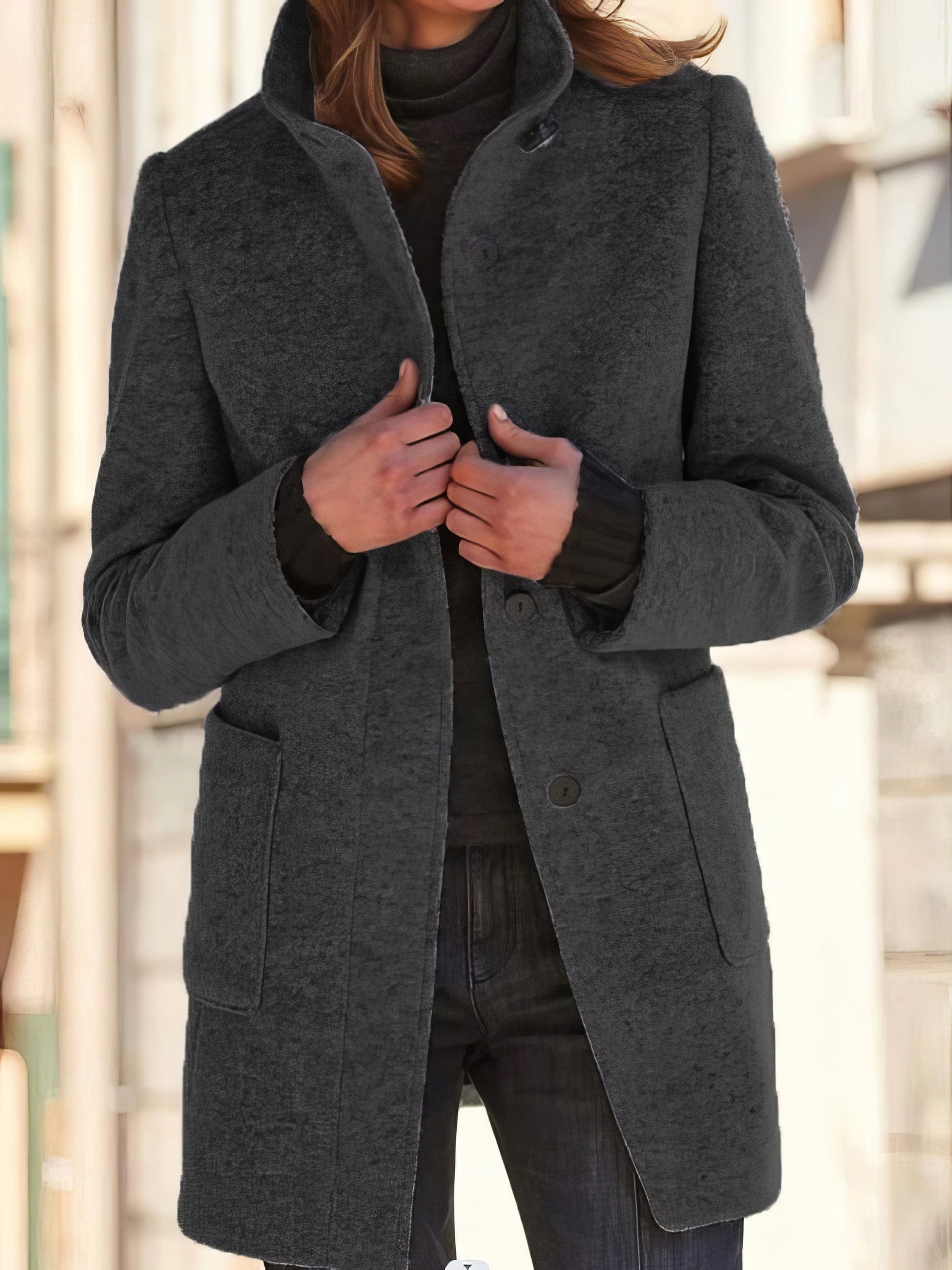 MsDressly Coats Vintage Solid Button Stand Collar Woolen Coat COA2210241450BLAS