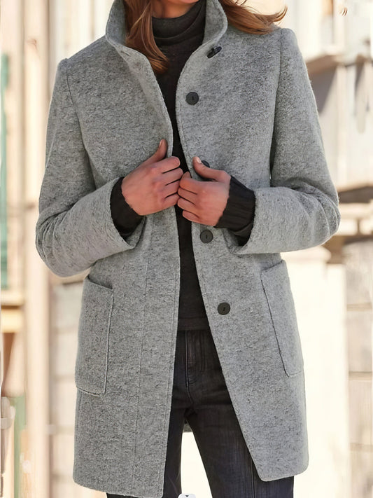 MsDressly Coats Vintage Solid Button Stand Collar Woolen Coat COA2210241450LGRAS