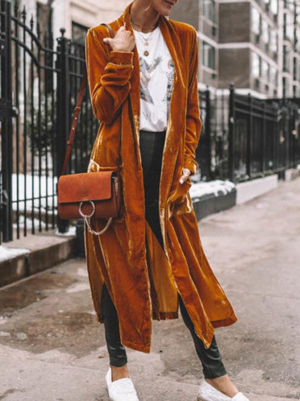 MsDressly Coats Women's Coats Loose Gold Velvet Long Sleeve Long Cardigan Coats COA2112071344BROS