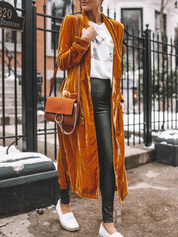 MsDressly Coats Women's Coats Loose Gold Velvet Long Sleeve Long Cardigan Coats