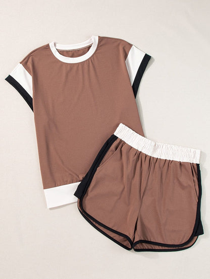 Coffee Colorblock Cap Sleeve Tee and Shorts Set