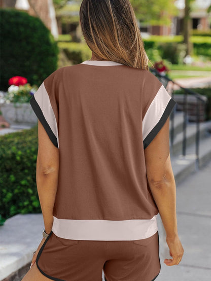 Coffee Colorblock Cap Sleeve Tee and Shorts Set