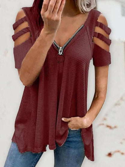 Cold Shoulder Cutout Sleeve Zip Front Top