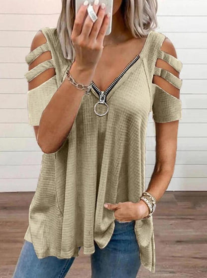 Cold Shoulder Cutout Sleeve Zip Front Top