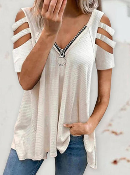 Cold Shoulder Cutout Sleeve Zip Front Top