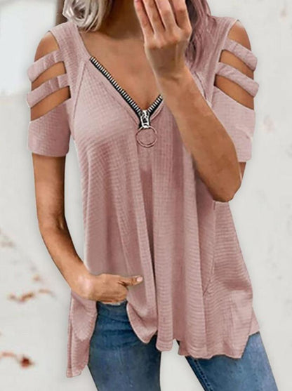 Tank Tops - Cold Shoulder Cutout Sleeve Zip Front Top - MsDressly