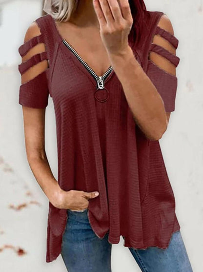 Tank Tops - Cold Shoulder Cutout Sleeve Zip Front Top - MsDressly