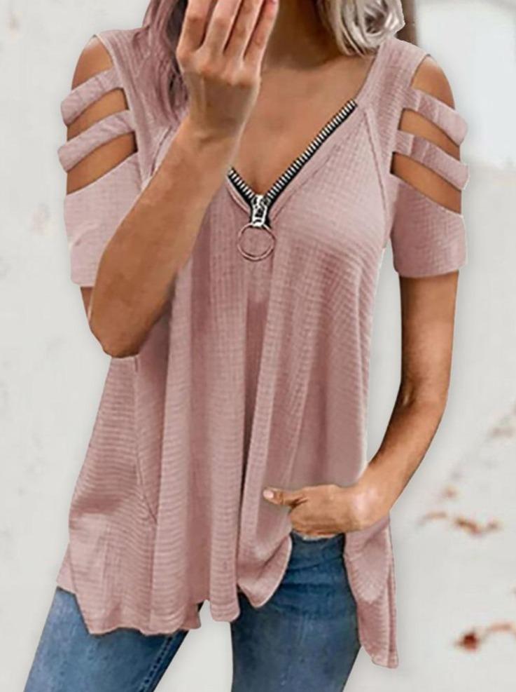 Tank Tops - Cold Shoulder Cutout Sleeve Zip Front Top - MsDressly