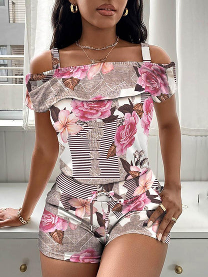 Cold Shoulder Floral Print Top & Drawstring Shorts Set for Women