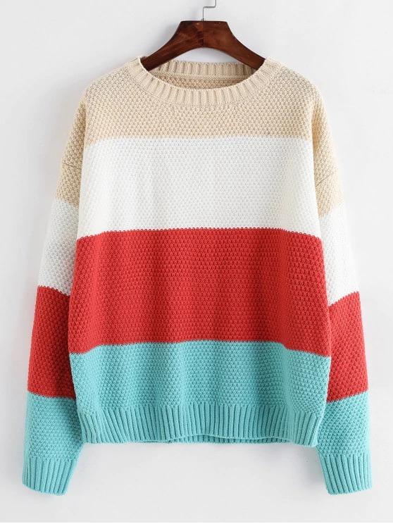 Color-blocking Drop Shoulder Textured Sweater - LuckyFash™