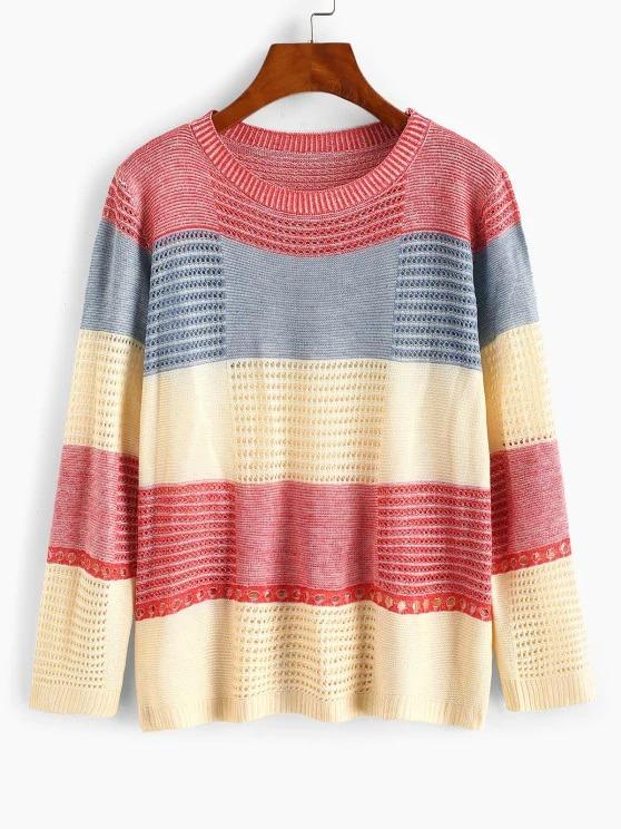 Color Blocking Pointelle Sheer Knit Sweater - LuckyFash™