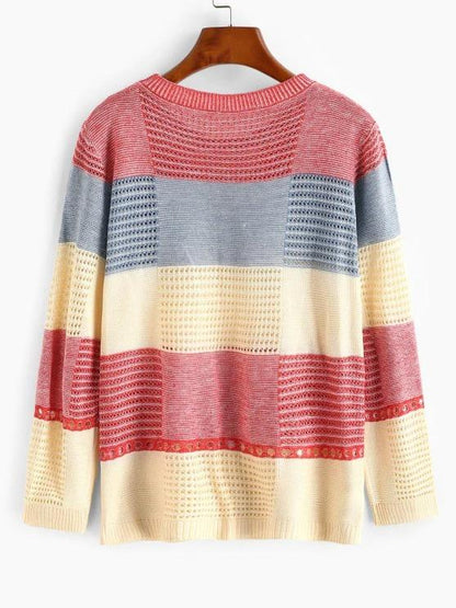 Color Blocking Pointelle Sheer Knit Sweater - LuckyFash™