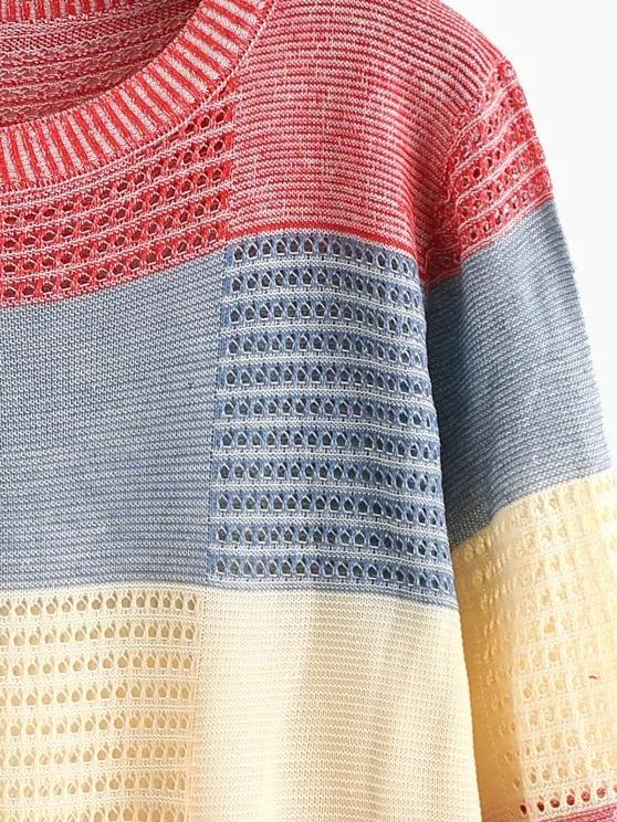 Color Blocking Pointelle Sheer Knit Sweater - LuckyFash™