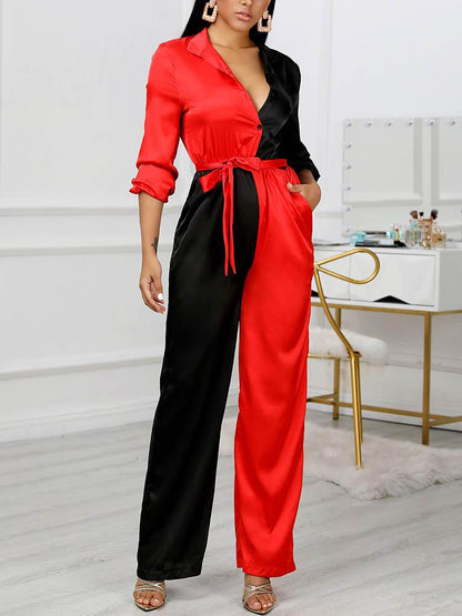 Colorblock Long Sleeve Knotted Jumpsuit for Women