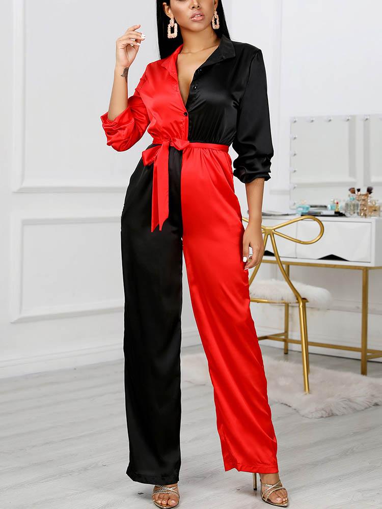 Colorblock Long Sleeve Knotted Jumpsuit - LuckyFash™