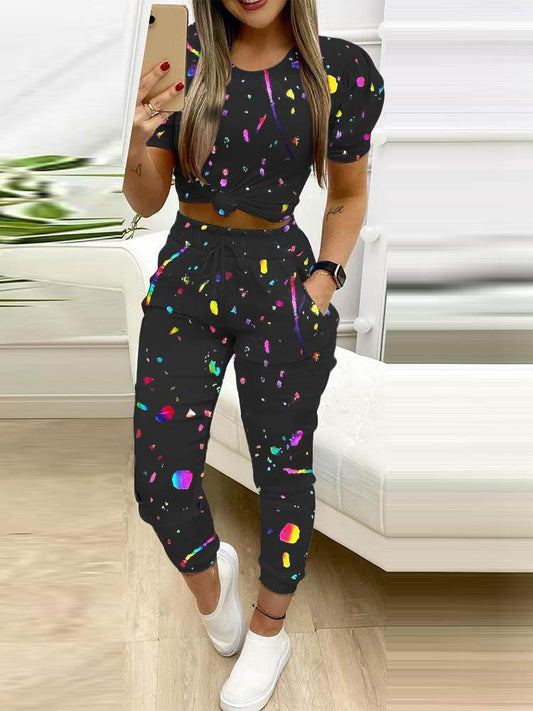 Colorblock Puff Sleeve Crop Top & Pocket Design Drawstring Pants Set - LuckyFash™