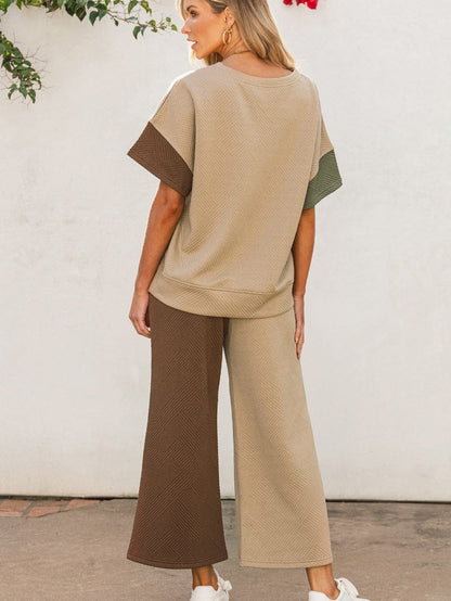 Colorblock Ribbed Textured Tee and Wide Leg Pants Set