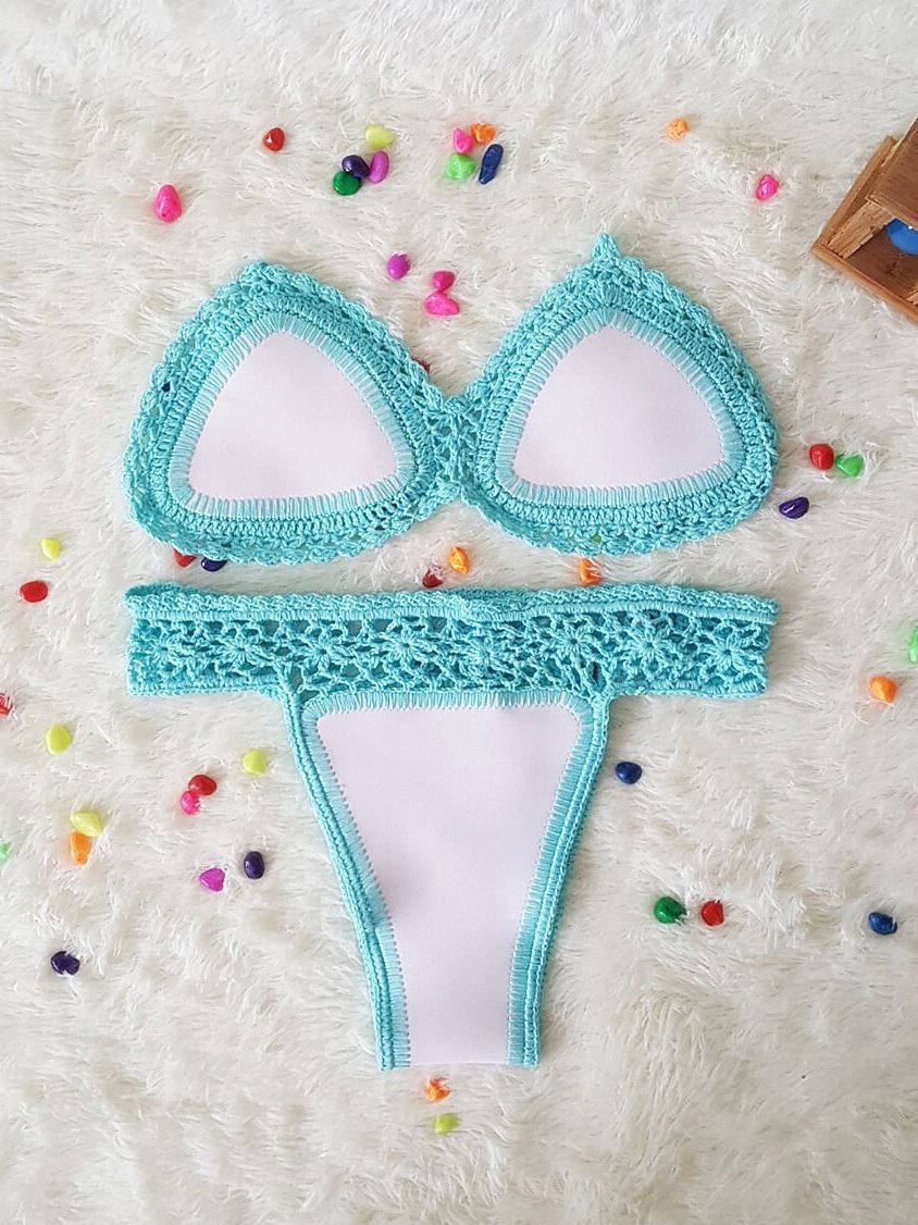 Colorful Crochet Trim Neoprene Triangle Brazilian Bikini Swimsuit - Two Piece Set for Women