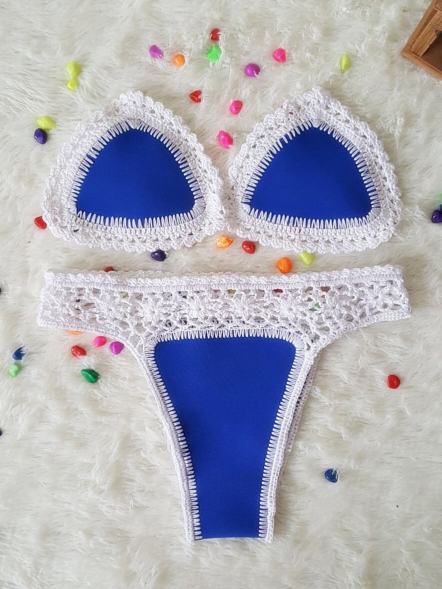 Colorful Crochet Trim Neoprene Triangle Brazilian Bikini Swimsuit - Two Piece Set - LuckyFash™