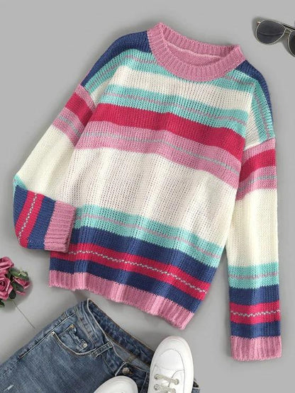 Colorful Striped Drop Shoulder Jumper Sweater for Women