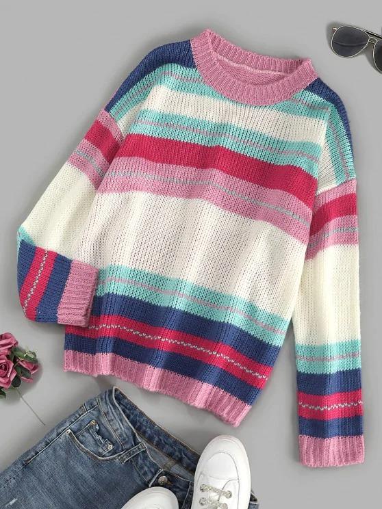 Colorful Striped Drop Shoulder Jumper Sweater - LuckyFash™