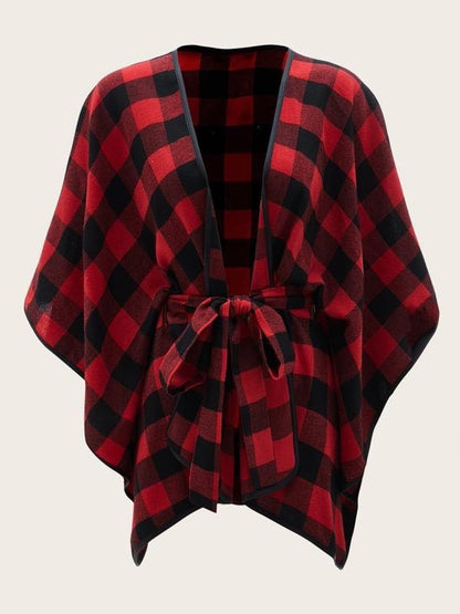 Contrast Binding Belted Gingham Cape Coat for Women