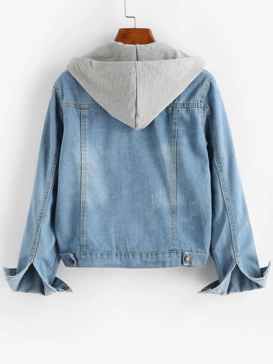 Contrast Detachable Hooded Distressed Denim Jacket - LuckyFash™