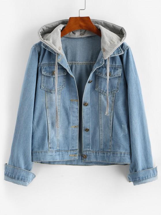 Contrast Detachable Hooded Distressed Denim Jacket - LuckyFash™