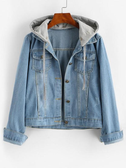 Contrast Detachable Hooded Distressed Denim Jacket for Women