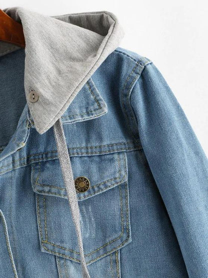 Contrast Detachable Hooded Distressed Denim Jacket - LuckyFash™